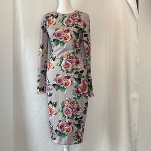 Dark Romantic Fairygrunge Grey Floral Long Sleeve Midi Bodycon Dress Small